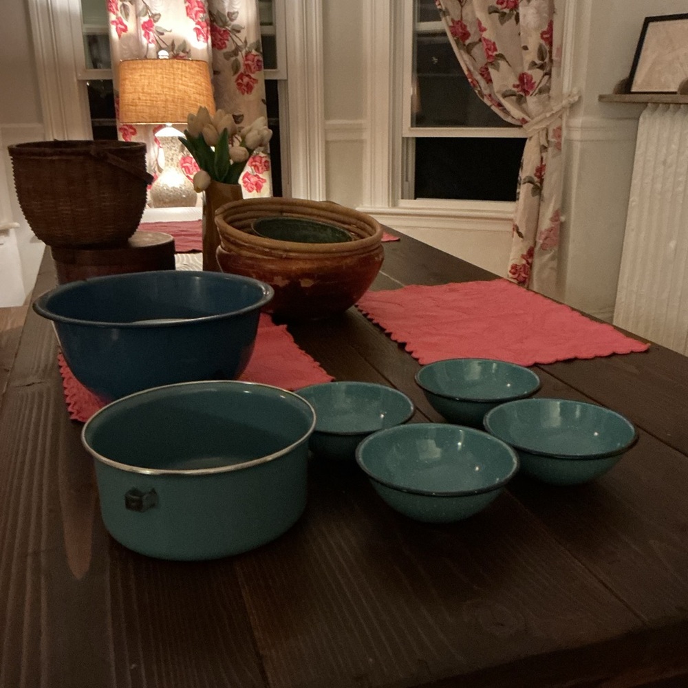 Bundle of Vintage Blue Enamel Bowls